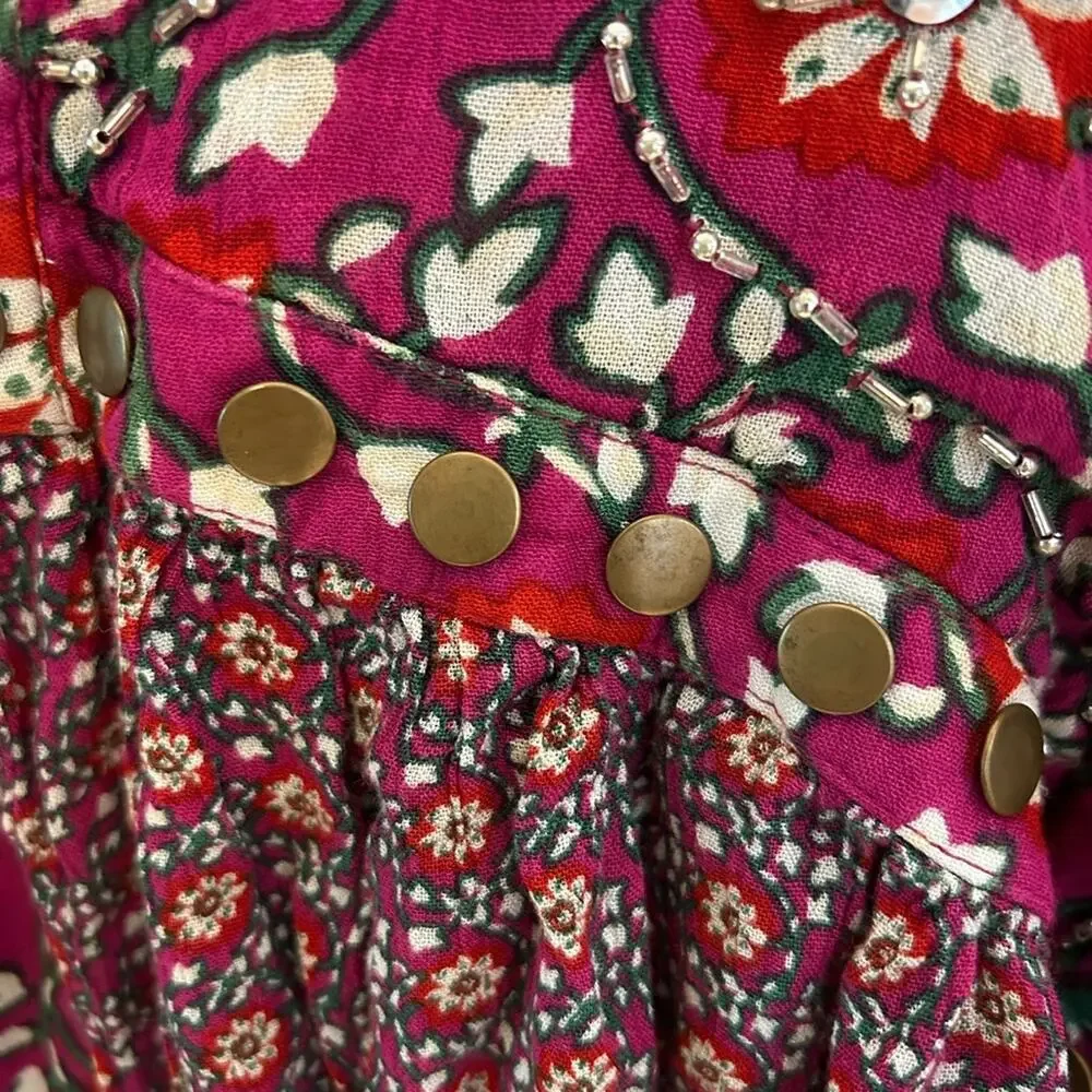 Free People Malia Babydoll floral jacket XS purple beaded studded tie front